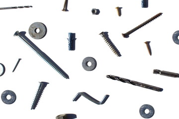 Abstract texture from different small construction and fastening details on a white background.