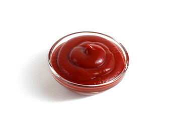 There is a plate with ketchup on a white background.