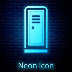 Glowing neon Locker or changing room for hockey, football, basketball team or workers icon isolated on brick wall background. Vector