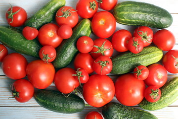  Background from fresh cucumbers and tomato.