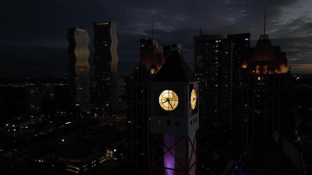 Night Aerial view of Mississauga, Ontario city hall Clock Tower in summer.