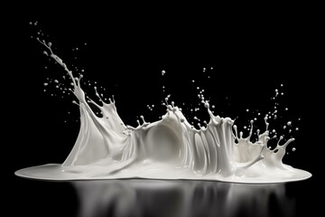 White wave of milk splashing in dynamic 3D rendering, digitally illustrated. Isolated on black background. Generative AI