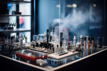 Poster Display of e-cigarettes and smoking accessories showcasing the vaping concept at a smoke shop with a sale of vape items. Generative AI © Fabian
