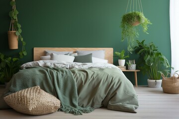 A bed with a green and white blanket, a potted plant on the side, and a green wall in the background. Generative AI