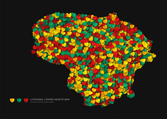 Lithuania Map From Scattered Paper Hearts In Colours Of National Flag Vector Isolated On Black Background. Lithuania Border In Official Colors Pattern Art Illustration For Print And Poster Design