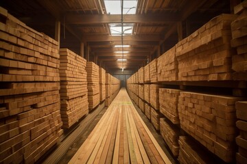 Timber arranged in a warehouse. Generative AI