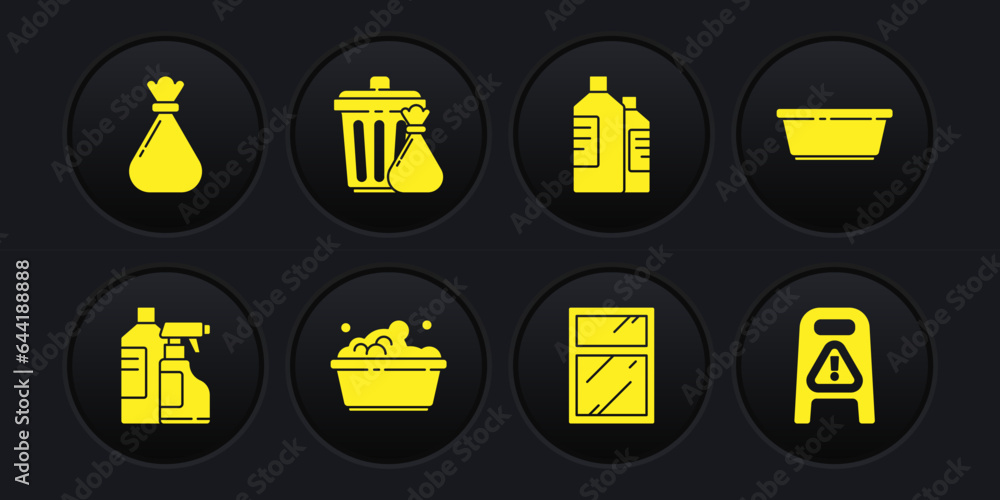 Poster set bottles for cleaning agent, plastic basin, with soap suds, cleaning service windows, trash can a