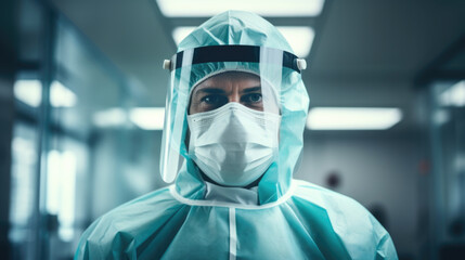 Male Doctor Surgeon in Scrubs with Face Mask and Face Shield - COVID-19 PPE Protection - Generative AI