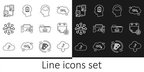 Set line Cloud download music, Financial calendar, Head silhouette with cloud, Car sharing, Data exchange hhd, Folder upload and low battery icon. Vector