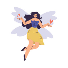 Beautiful Woman Fairy with Wings in Dress Fluttering Around Vector Illustration