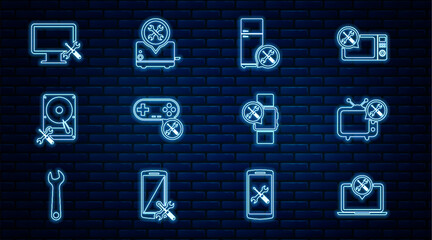 Set line Laptop service, Tv, Refrigerator, Gamepad, Hard disk drive, Computer monitor, Smartwatch and Toaster icon. Vector
