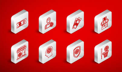 Set line Basketball ball and basket, player, game ticket, Sports shop basketball, Shield in the, Thoughts on and icon. Vector