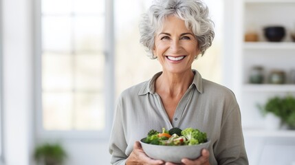 Aged woman smiling happily and holding a healthy vegetable salad bowl on blurred kitchen background, with copy space. - obrazy, fototapety, plakaty
