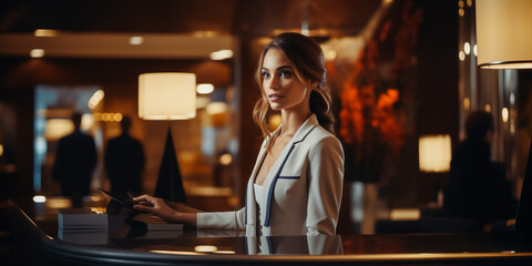 Fototapeta na wymiar Businesswoman checking in at the hotel reception