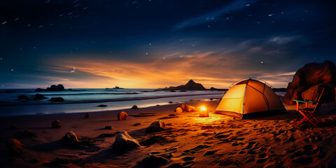 Fototapeta na wymiar Camping on a Beach with the Milky Way and Stars Above