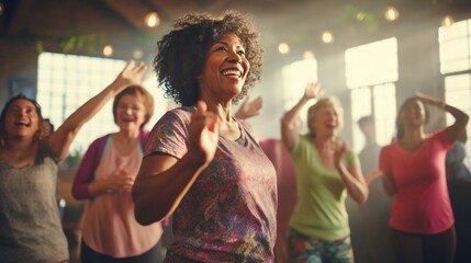 Aged woman dancing happily with other women during joyful group training in studio