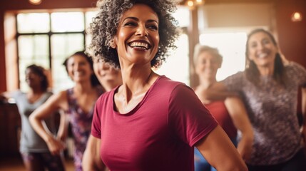 Aged woman dancing happily with other women during joyful group training in studio