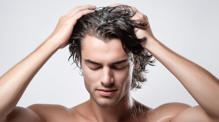 Fototapeta premium Handsome young man massaging his scalp as he applies shampoo to his wet hair with eyes closed, isolated on white background, with copy space.