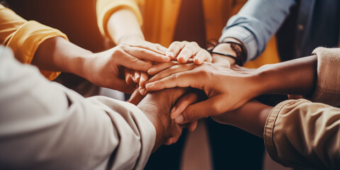 Obraz premium Close - up of people stacking hands during group therapy