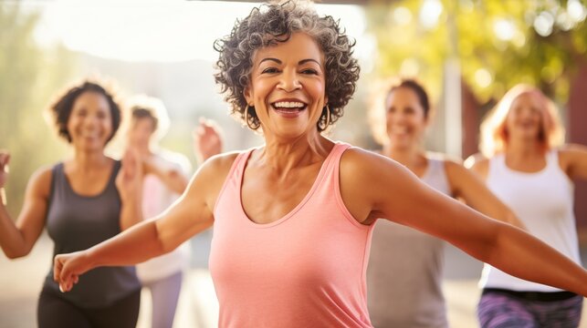 Aged woman dancing happily with other women during joyful group training in studio