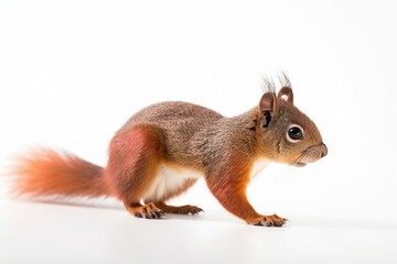 Red Japanese lis squirrel walking sideways, looking straight ahead on white background. Generative AI