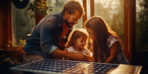 Parents learning with their little son, doing project with solar panel