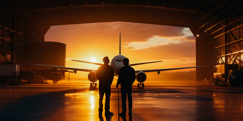 Two men pushing open large doors of an aircraft hangar