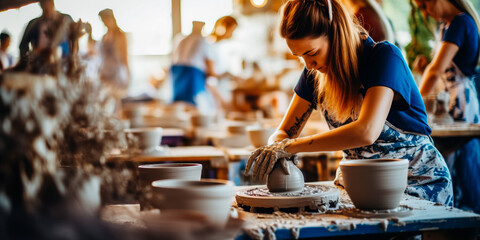 Woman teaching ceramic pot making process to students