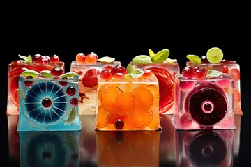 Colorful delicious jelly cakes, Fruit cocktails in jelly cubes on a black background, Close-up, jelly pudding, colorful gelatin dessert - obrazy, fototapety, plakaty
