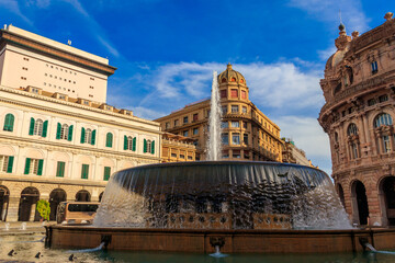 Fototapeta na wymiar Fountain at Piazza de Ferrari in Genoa, Italy
