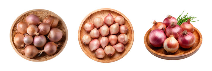 Different angle set of Three Shallot, Onions on wooden plate, platter isolated on transparent background.