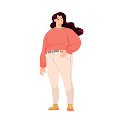 Fat Woman Character with Full Body and Obesity Standing and Smiling Vector Illustration
