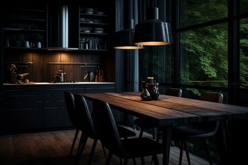 a dark dining space nestled in a kitchen corner. Generative AI