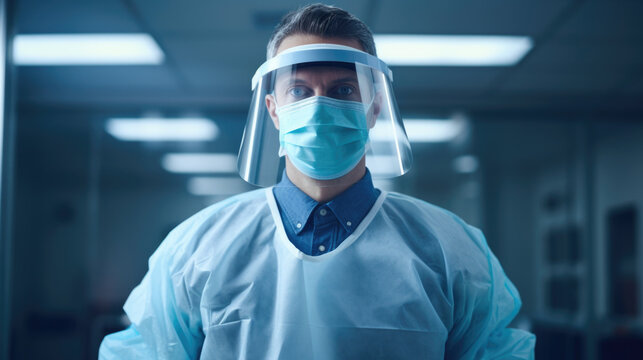 Male Doctor Surgeon In Scrubs With Face Mask And Face Shield - COVID-19 PPE Protection - Generative AI