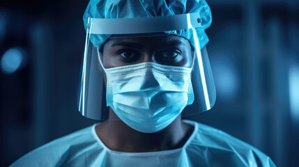 Female Woman Doctor Surgeon Nurse in Scrubs with Face Mask and Face Shield - COVID-19 PPE Protection - Generative AI