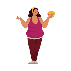 Fototapeta na wymiar Fat Woman Character with Full Body and Obesity with Hamburger Vector Illustration