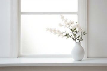 Singular white windowsill on a blank backdrop. Generative AI