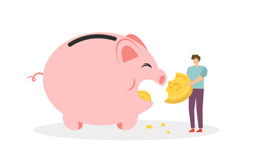 Flat design of rich man save money vector, a man&rsquo;s saving salary in piggy bank, flat design of financial management, Save money in piggy bank, money management vector, a man is investing for future.