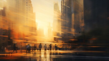 People walking in a cityscape with tall buildings