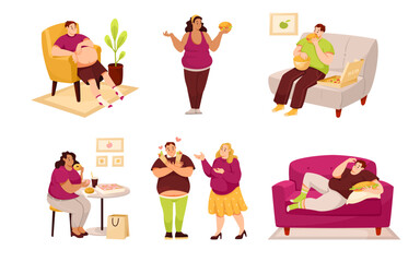Fat People Characters with Full Body and Obesity Vector Set