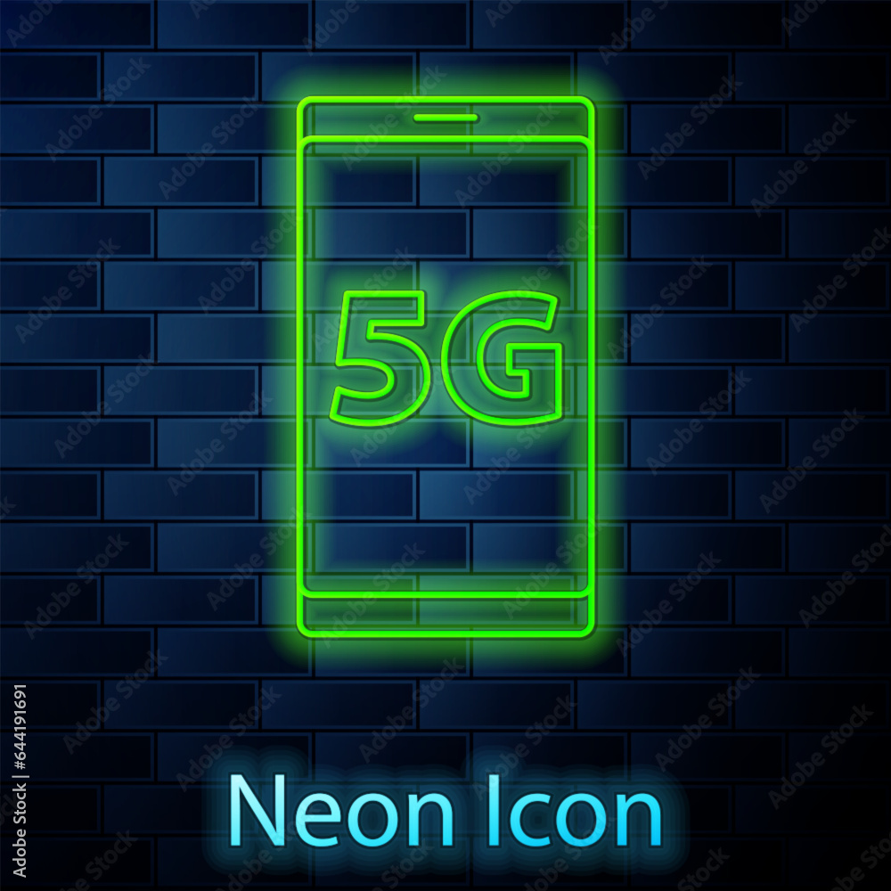 Poster glowing neon line mobile with 5g new wireless internet wifi icon isolated on brick wall background. 