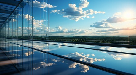 Modern glass building architecture with blue sky and clouds