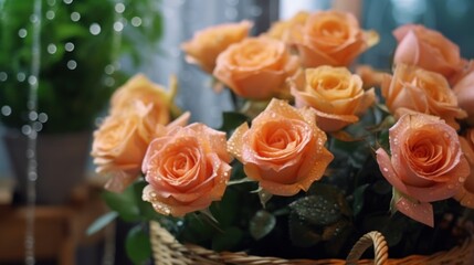 Bouquet of orange roses in a wicker basket. Selective focus. Mother's day concept with a space for...