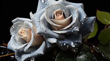 Beautiful white rose with water drops on black background, closeup. Mother's day concept with a...