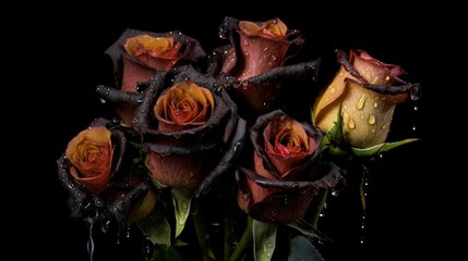 bouquet of roses on a black background with water droplets. Mother's day concept with a space for a text. Valentine day concept with a copy space.