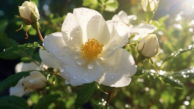 Beautiful white rosehip flowers in the garden on a sunny summer day. Mother's day concept with a space for a text. Valentine day concept with a copy space.