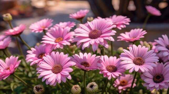 Beautiful pink osteospermum flowers in the garden, stock photo. Mother's day concept with a space for a text. Valentine day concept with a copy space.