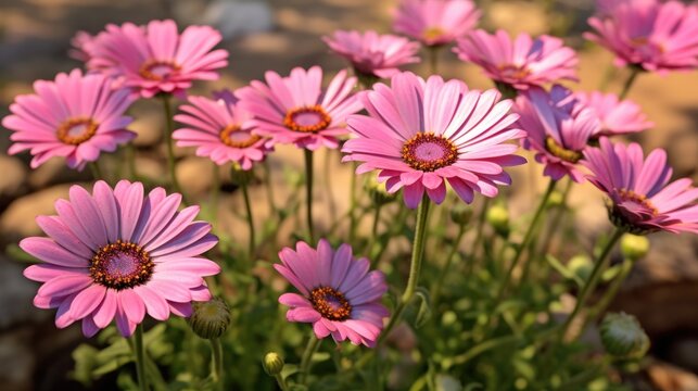 Close up of pink osteospermum flowers in the garden. Mother's day concept with a space for a text. Valentine day concept with a copy space.