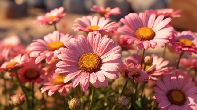 Close up of pink osteospermum flowers in the garden. Mother's day concept with a space for a text. Valentine day concept with a copy space.