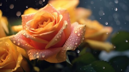 Beautiful orange rose with water droplets on a dark background. Mother's day concept with a space...